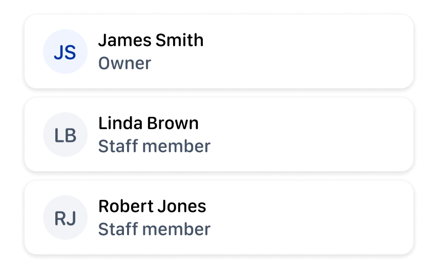 An AlfaPOS team list showing an owner and two staff members