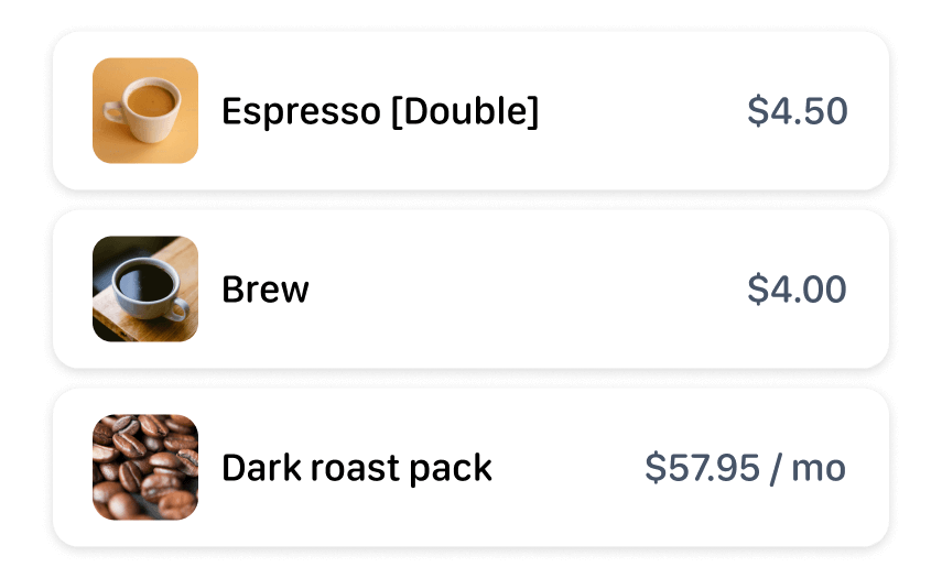 An AlfaPOS product list showing an espresso, a brew and a monthly coffee subscription